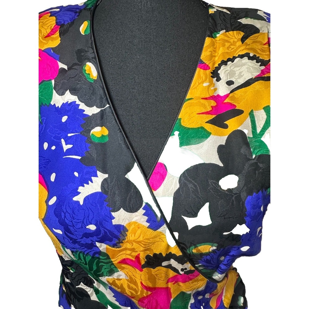 VTG *RARE* 1980's Flora Kung 100% Silk Colorful Floral Puff Sleeve Wrap Dress 6 - Picture 9 of 16